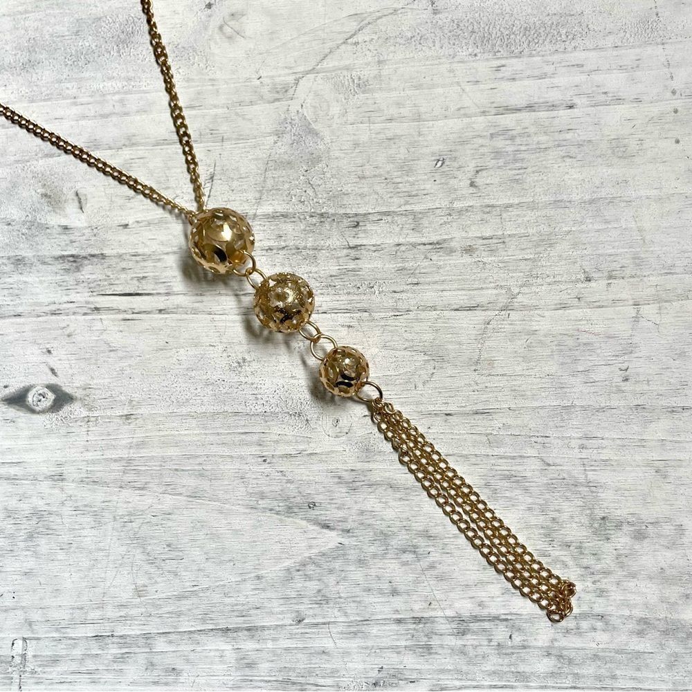 Long gold tone   ball tassel chain necklace